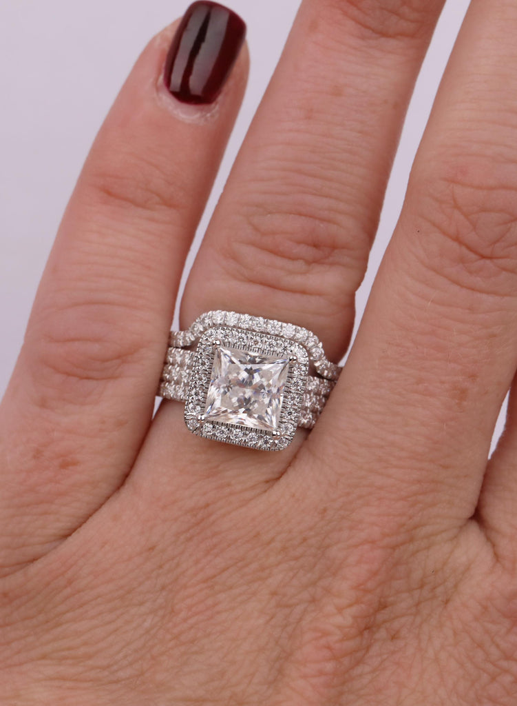 18K Solid White Gold Ring Set: Moissanite Princess Cut Halo Engagement Ring Set, Curved Pave Band, 18K White Gold, Bridal Jewelry Set image #14