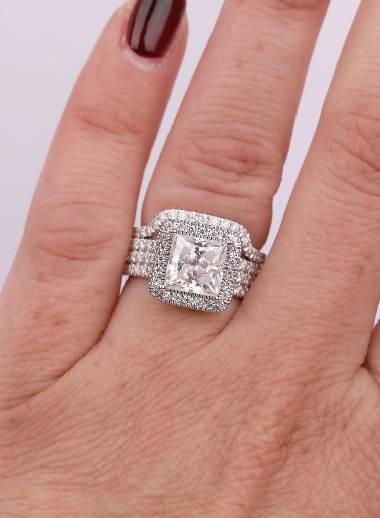 18K Solid White Gold Ring Set: Moissanite Princess Cut Halo Engagement Ring Set, Curved Pave Band, 18K White Gold, Bridal Jewelry Set image #5
