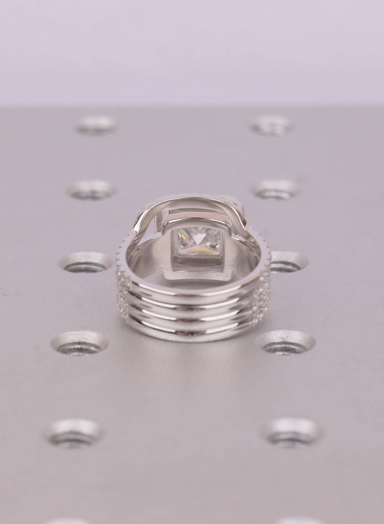 Princess Cut Moissanite Halo Engagement Ring Set, 18K White Gold, Curved Band image #6