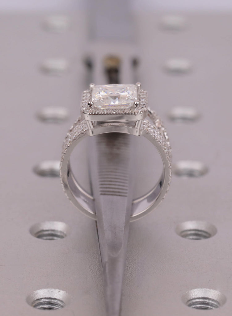 Princess Cut Moissanite Halo Engagement Ring Set, 18K White Gold, Curved Band image #11