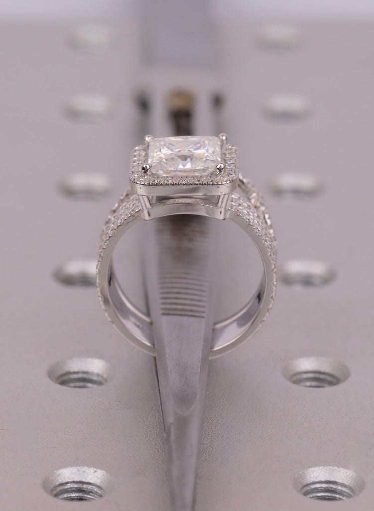 18K Solid White Gold Ring Set: Moissanite Princess Cut Halo Engagement Ring Set, Curved Pave Band, 18K White Gold, Bridal Jewelry Set image #11