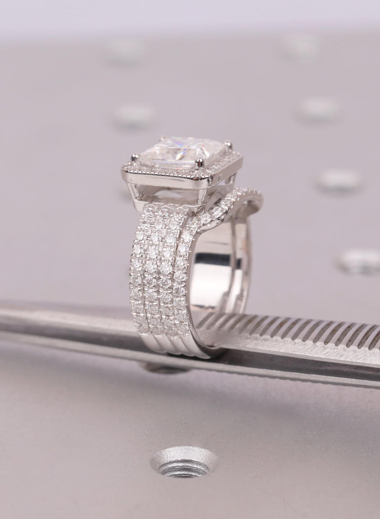 Engagement Ring Set, Princess Cut Moissanite, Natural Diamond Halo, Bridal Set, 18K Gold Curved Wedding Band, Wedding Ring Set, Gift for Her image #13