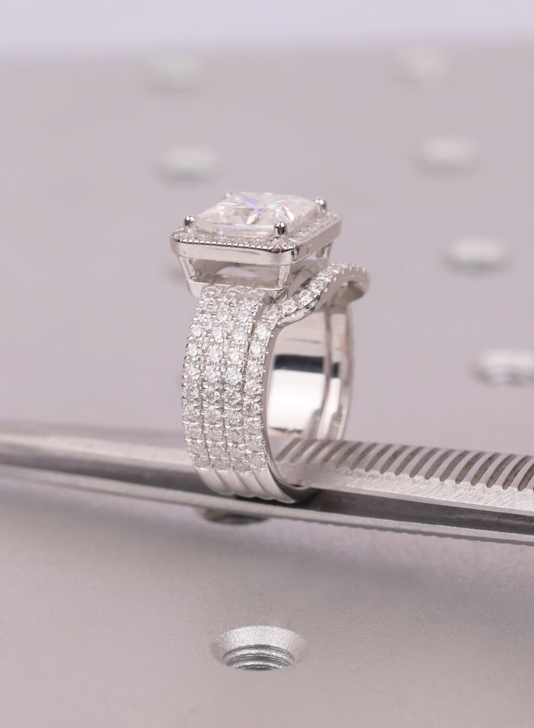 Princess Cut Moissanite Halo Engagement Ring Set, 18K White Gold, Curved Band image #13
