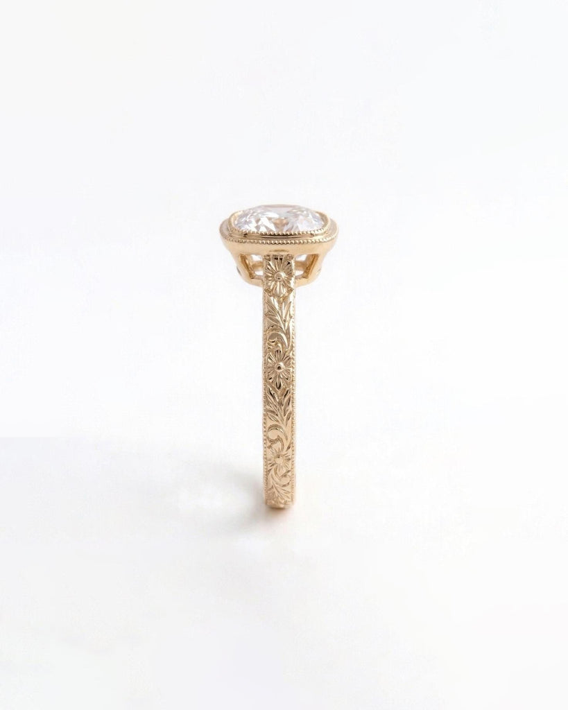 Floral Engraved Moissanite Engagement Ring, Vintage Inspired 14k Yellow Gold Milgrain Bezel Ring image #1
