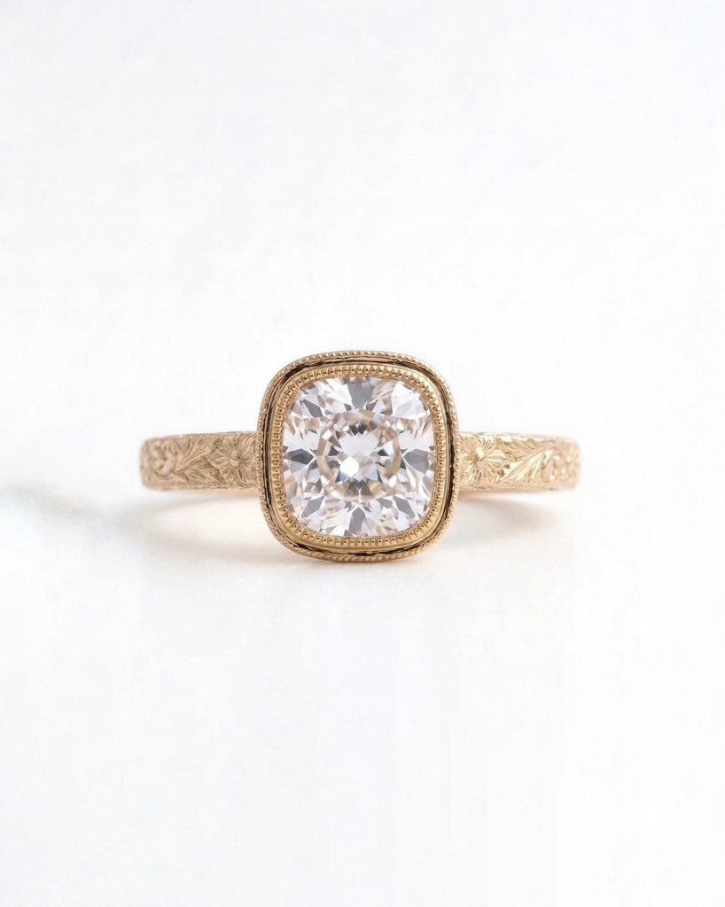Floral Engraved Moissanite Engagement Ring, Vintage Inspired 14k Yellow Gold Milgrain Bezel Ring image #4