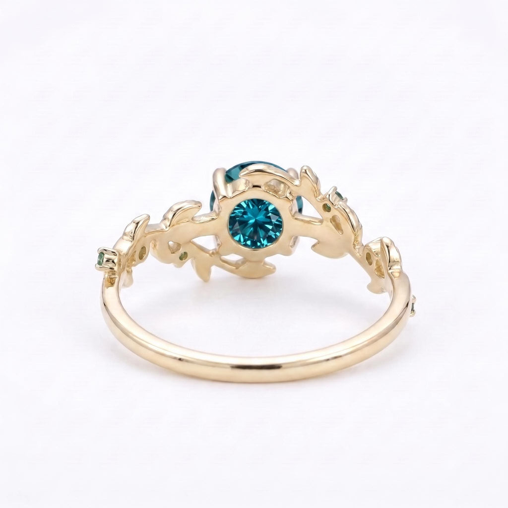 1ct Teal Sapphire and Emerald Engagement Rings for Women | 14k Yellow Gold Olive Leaf Ring | Unique Bridal Jewelry image #5