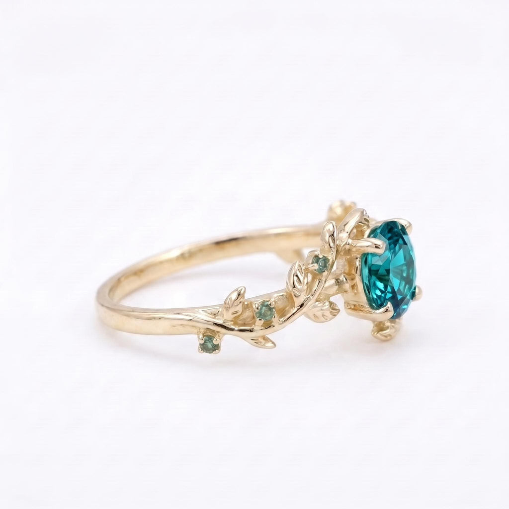 1ct Teal Sapphire and Emerald Engagement Rings for Women | 14k Yellow Gold Olive Leaf Ring | Unique Bridal Jewelry image #4