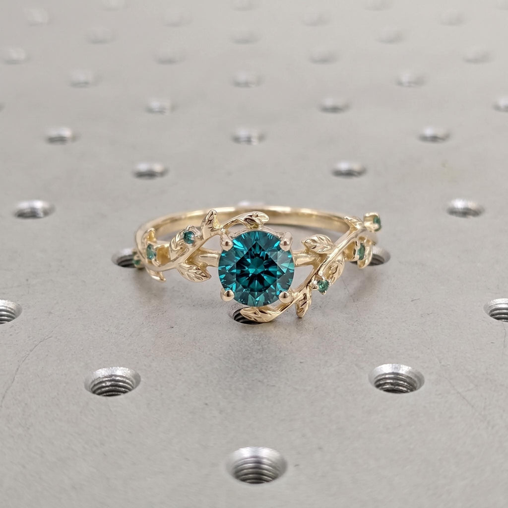 1ct Teal Sapphire and Emerald Engagement Rings for Women | 14k Yellow Gold Olive Leaf Ring | Unique Bridal Jewelry image #6
