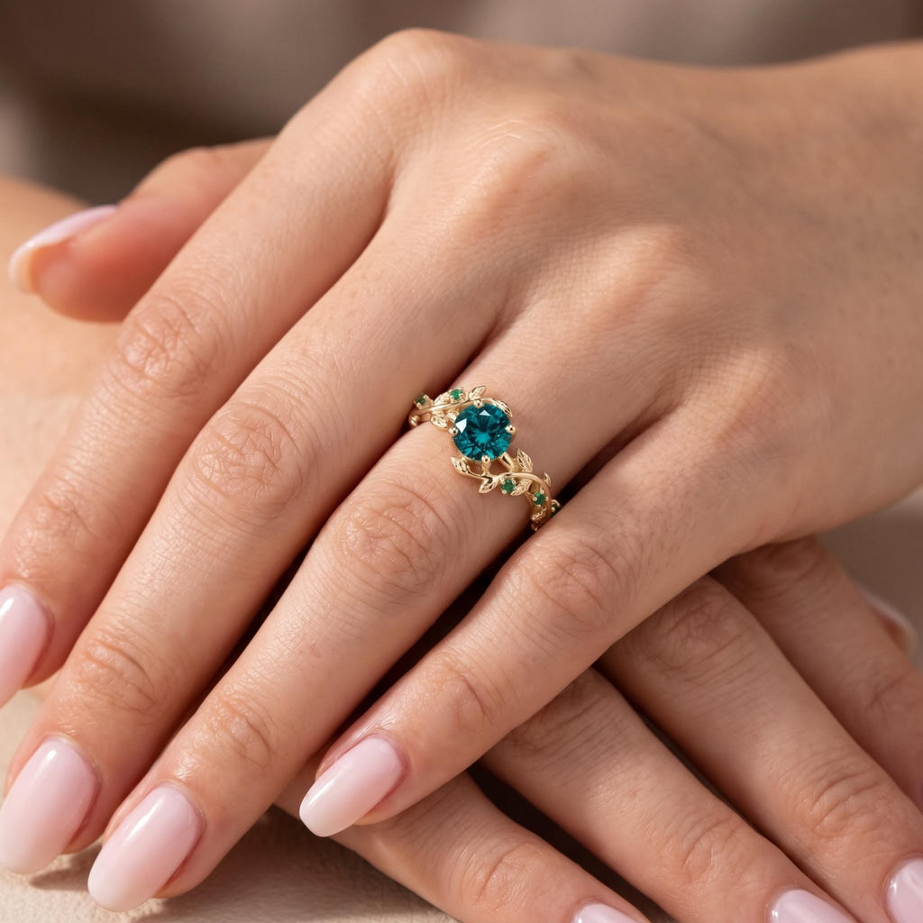 1ct Teal Sapphire and Emerald Engagement Rings for Women | 14k Yellow Gold Olive Leaf Ring | Unique Bridal Jewelry image #2
