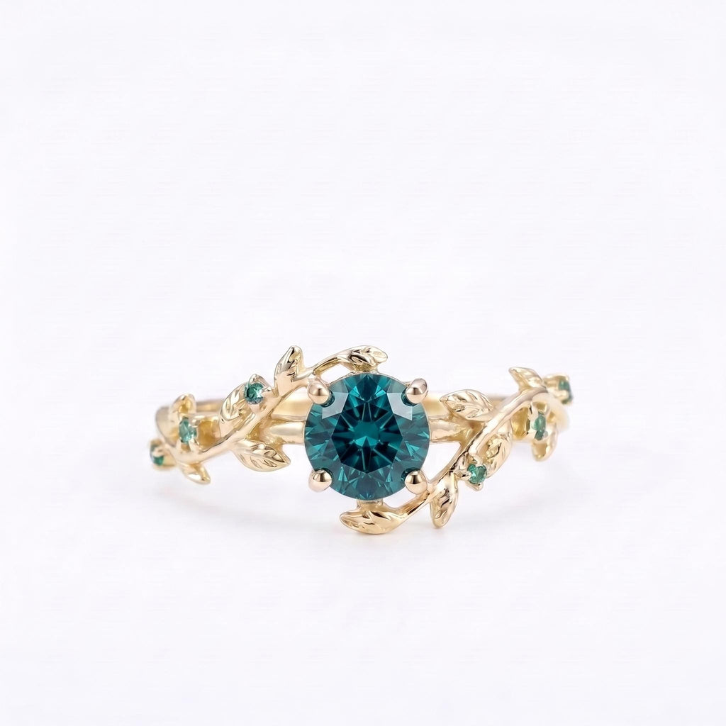 Solid Gold Olive Leaf Sapphire Promise Ring | Wedding Anniversary Gift for Her | Blue Green September Birthstone Ring image #3