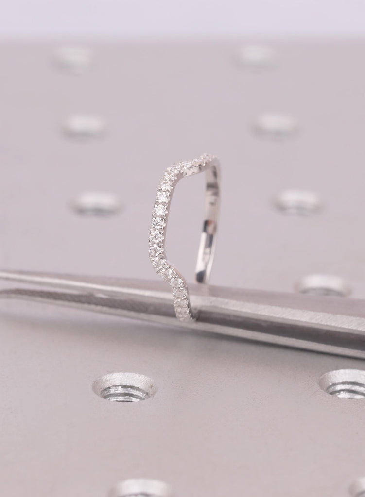 18K White Gold Diamond Contour Wedding Band, Curved Wave Stacking Ring, Diamond Ring Gift image #10