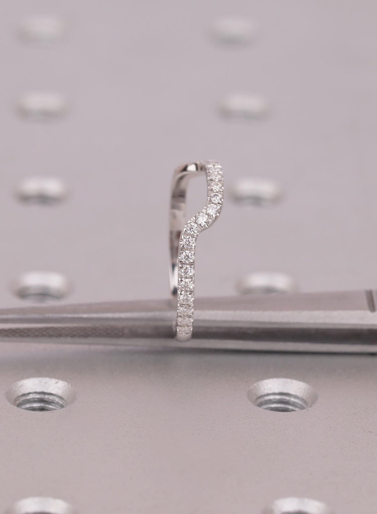 Diamond Contour Wedding Band White Gold, Curved Wave Ring for Women, Chevron Stacking Band, Floating Diamond Ring, Wedding Promise Ring Gift image #13