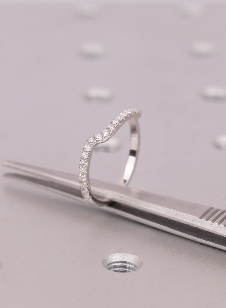 Diamond Contour Wedding Band White Gold, Curved Wave Ring for Women, Chevron Stacking Band, Floating Diamond Ring, Wedding Promise Ring Gift image #15