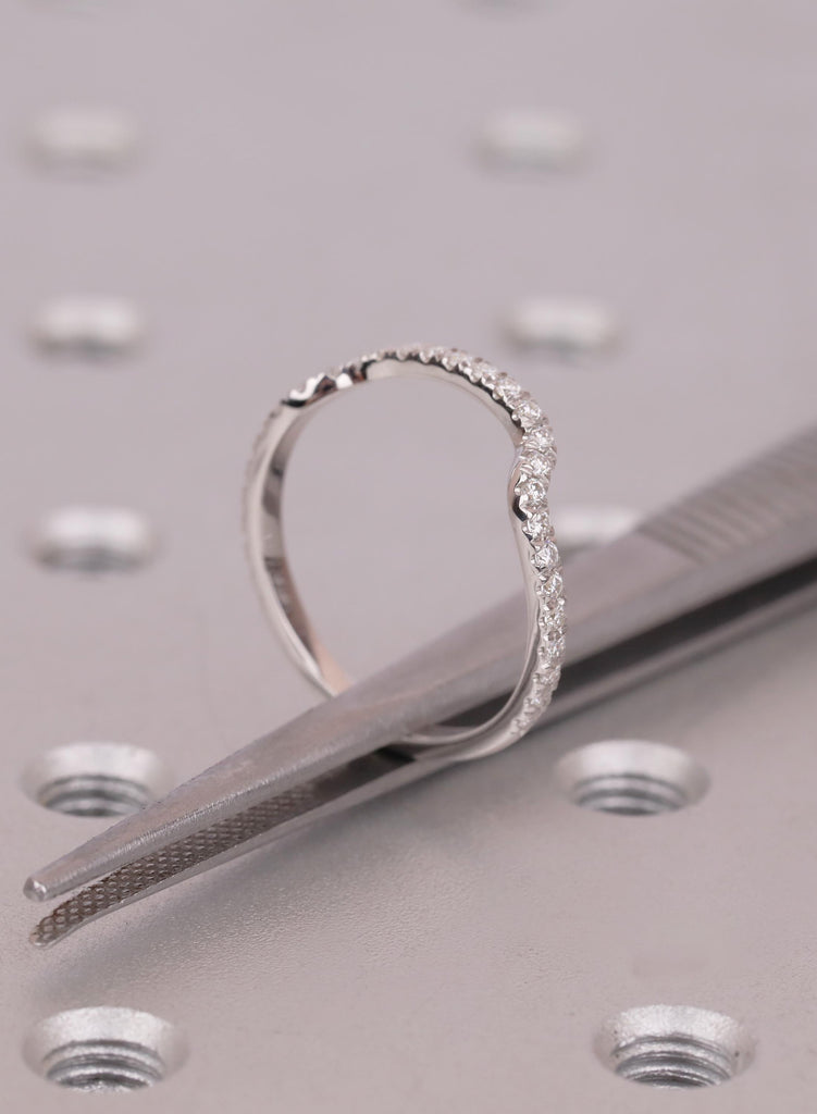 Diamond Contour Wedding Band White Gold, Curved Wave Ring for Women, Chevron Stacking Band, Floating Diamond Ring, Wedding Promise Ring Gift image #14
