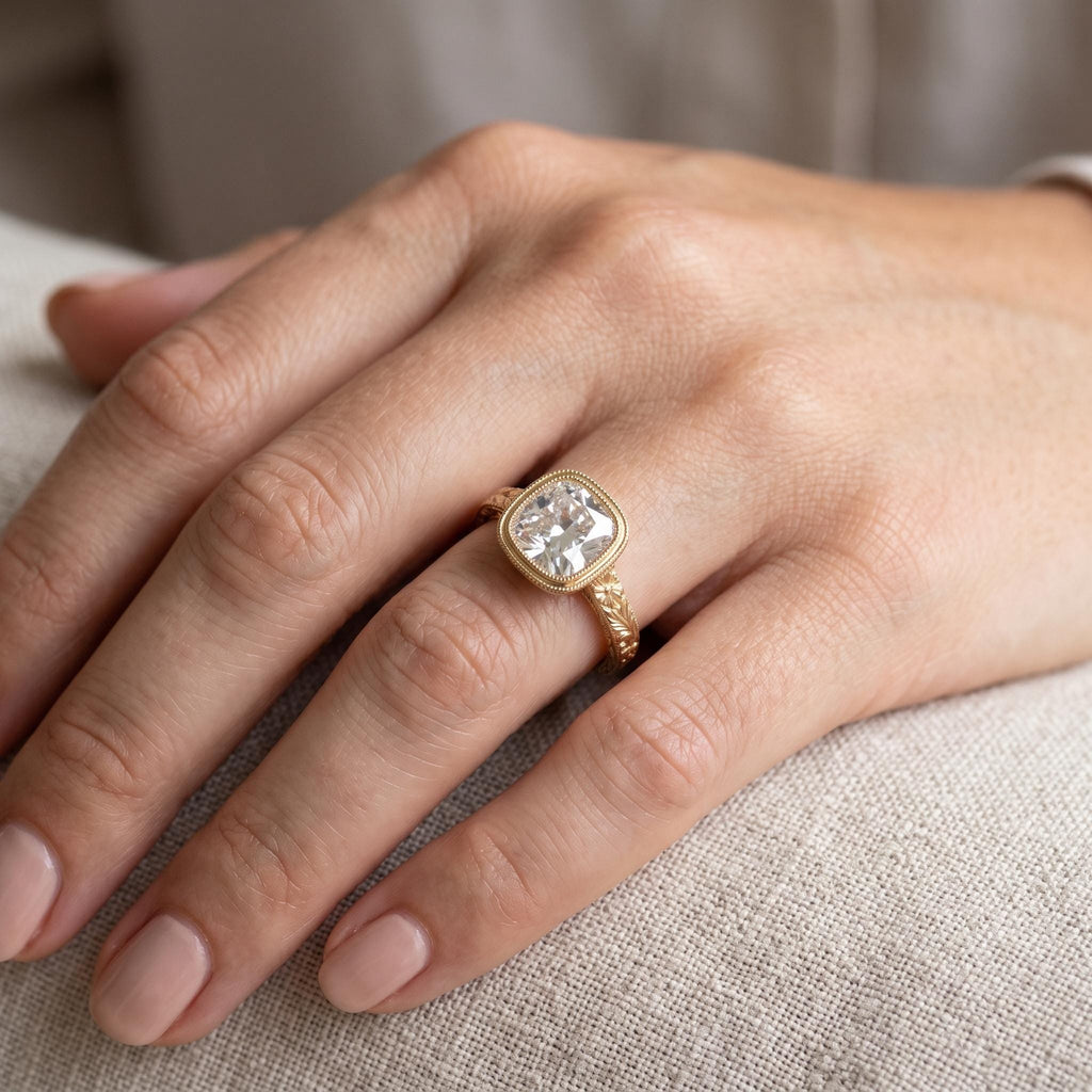 Bezel Set Square Cushion Cut Lab Grown Diamond Engagement Ring, 14k Gold Nature Jewelry image #1