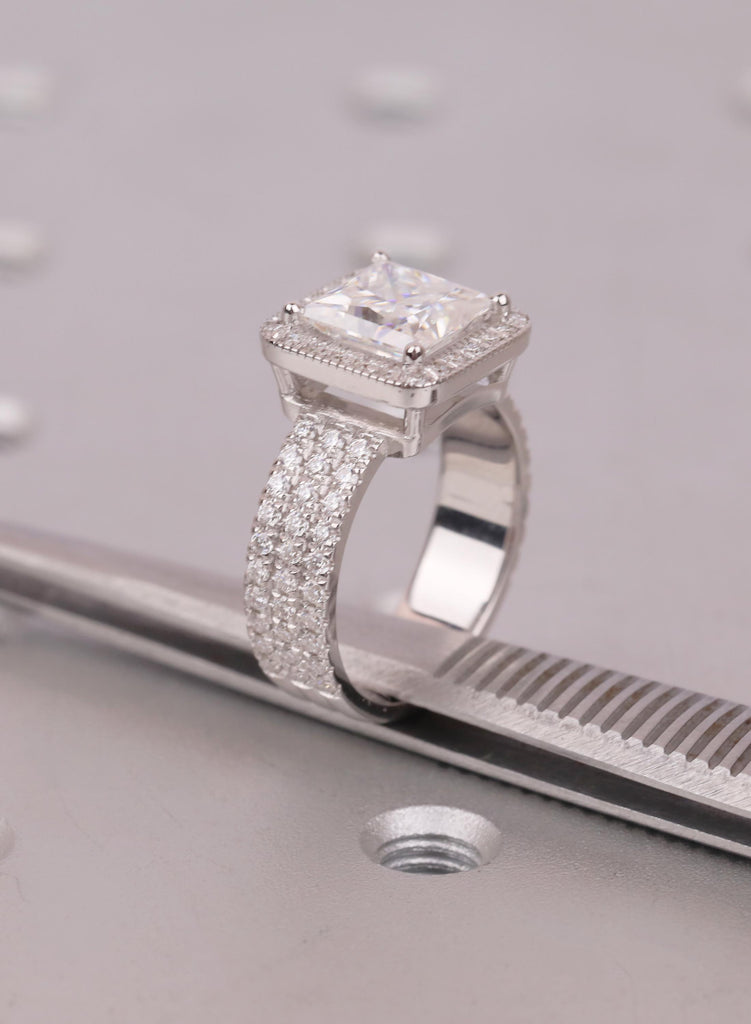 Moissanite Bridal Set, Princess Cut Halo Engagement Ring with Lab Diamond Accents, Pave Wedding Band Set, Art Deco Ring, Proposal Ring image #18