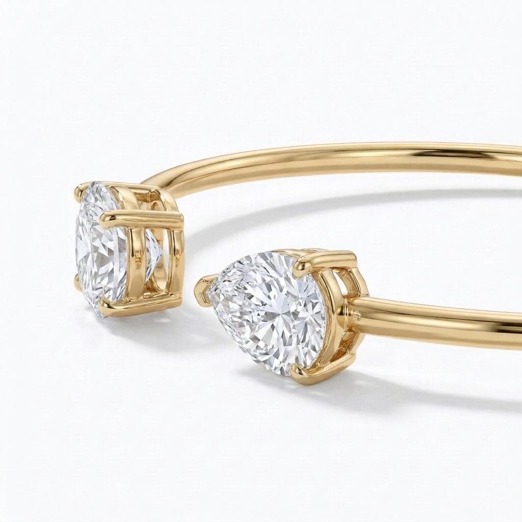 Open Cuff Bangle Bracelet for Women, Oval, Pear Cut Moissanite Toi et Moi Bracelet, Dainty 18k/14k Gold Modern Bridal Jewelry, Gift for Her image #5