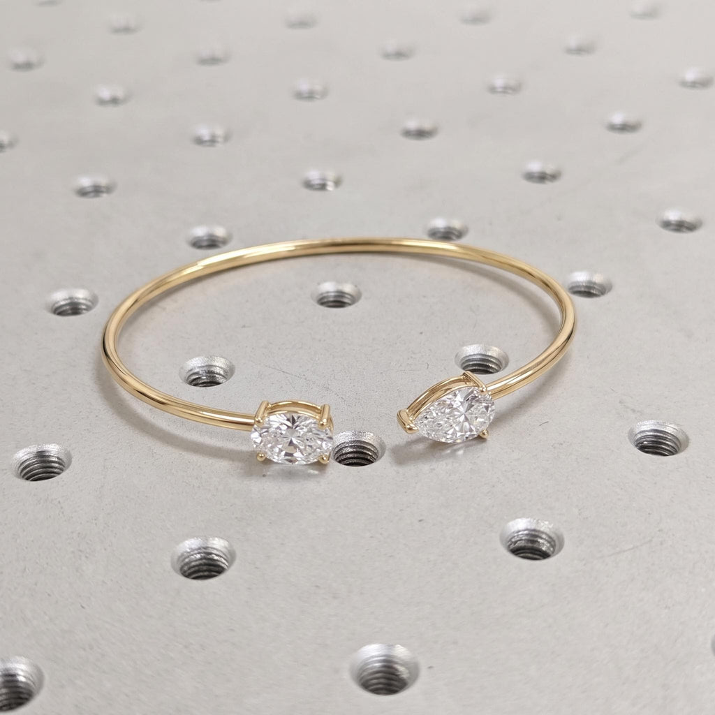Toi et Moi Bracelet, 14k Yellow Gold Pear and Oval Cut Lab Diamond Bangle image #2