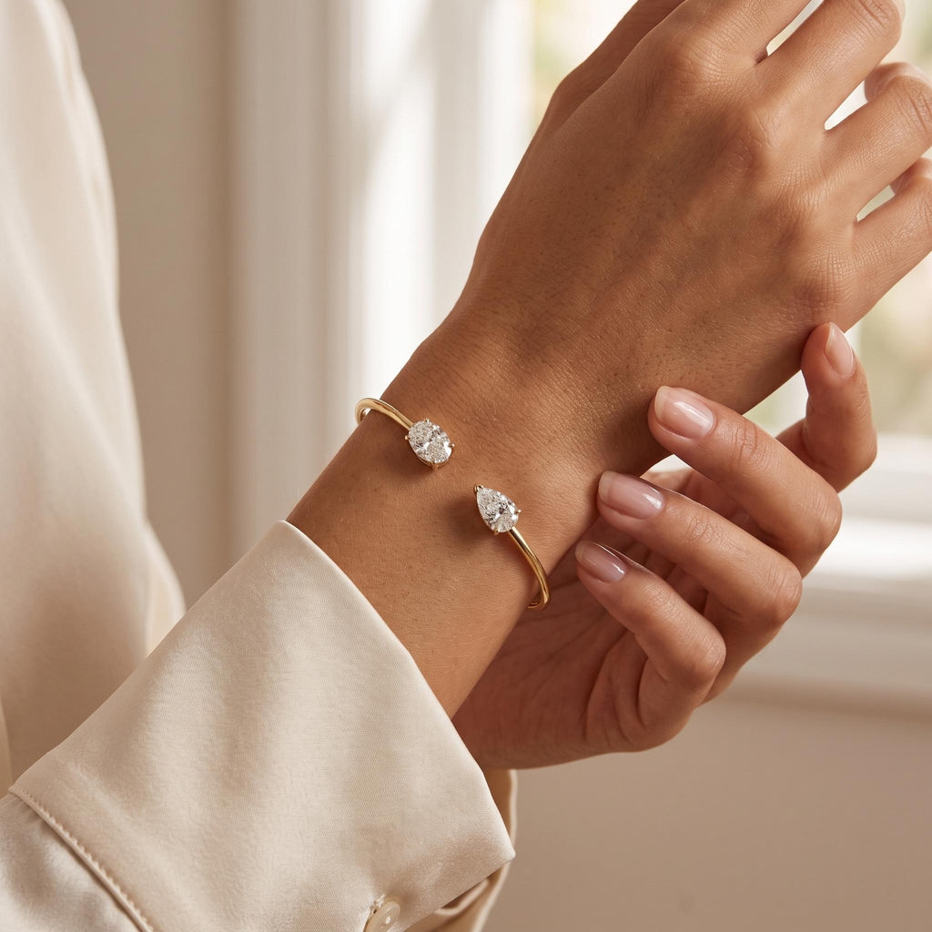 Open Cuff Bangle Bracelet for Women, Oval, Pear Cut Moissanite Toi et Moi Bracelet, Dainty 18k/14k Gold Modern Bridal Jewelry, Gift for Her image #2
