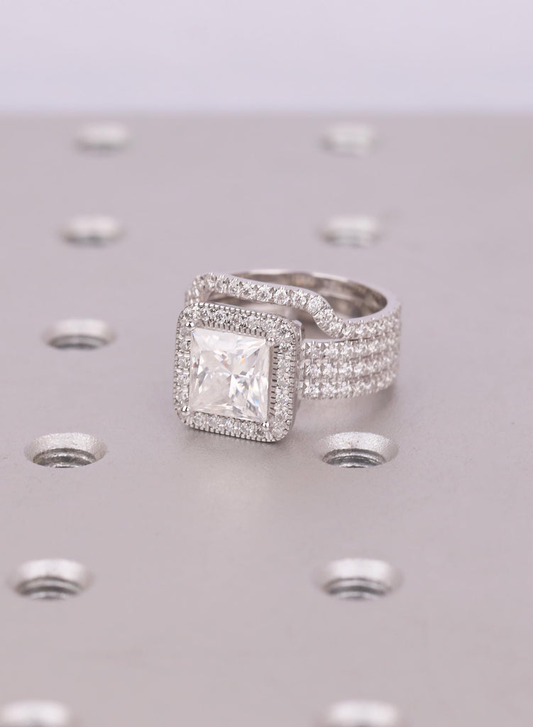 Moissanite Bridal Set, Princess Cut Halo Engagement Ring with Lab Diamond Accents, Pave Wedding Band Set, Art Deco Ring, Proposal Ring image #1