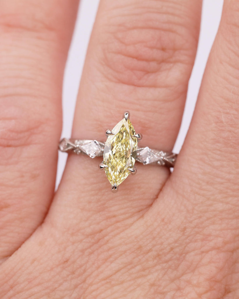 Canary Yellow Diamond Engagement Ring, Vintage Marquise Cut Platinum Women Wedding Rings, Milgrain Victorian Ring, Bridal Jewelry for Her image #17