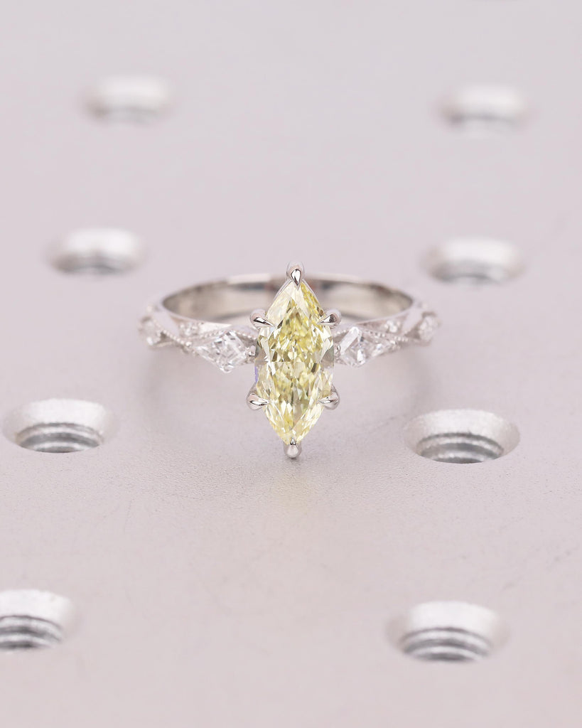 1ct Canary Yellow Lab Made Diamond Marquise Ring, Platinum Engagement Ring, Victorian Wedding Jewelry, Personalized Handmade Milgrain Rings image #13