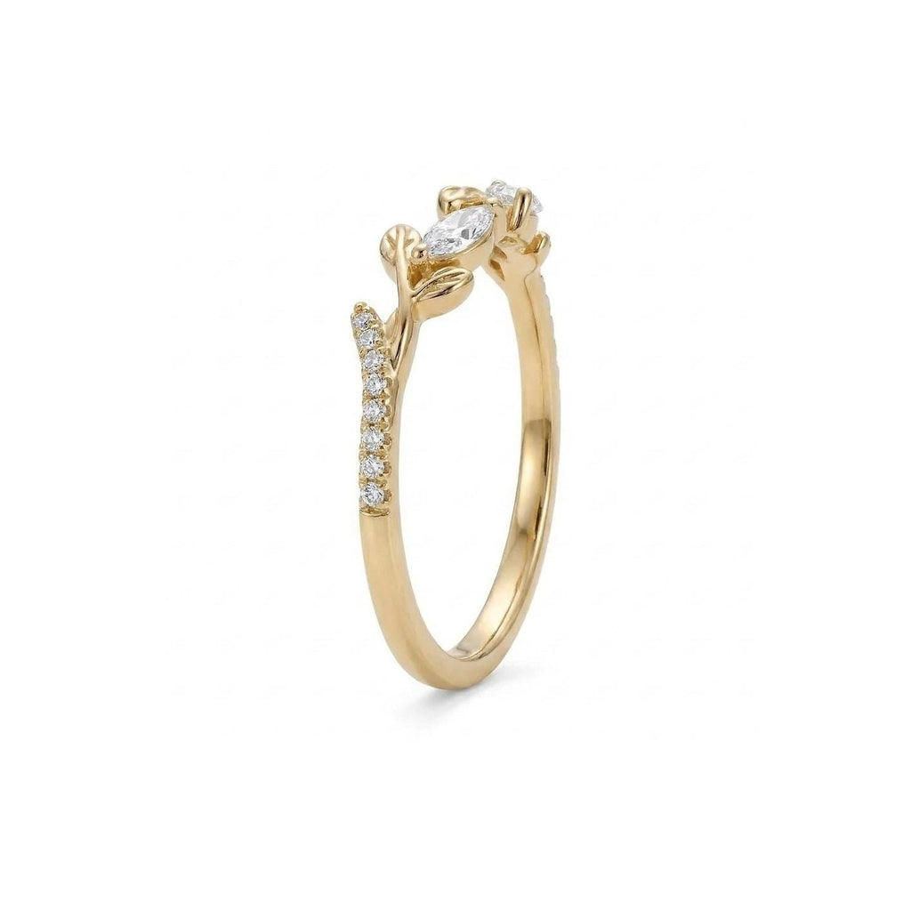 14K/18K Solid Gold Diamond Olive Leaf Open Ring | Half Eternity Wedding Ring for Women | Thin Wedding Band Stacking Ring image #3