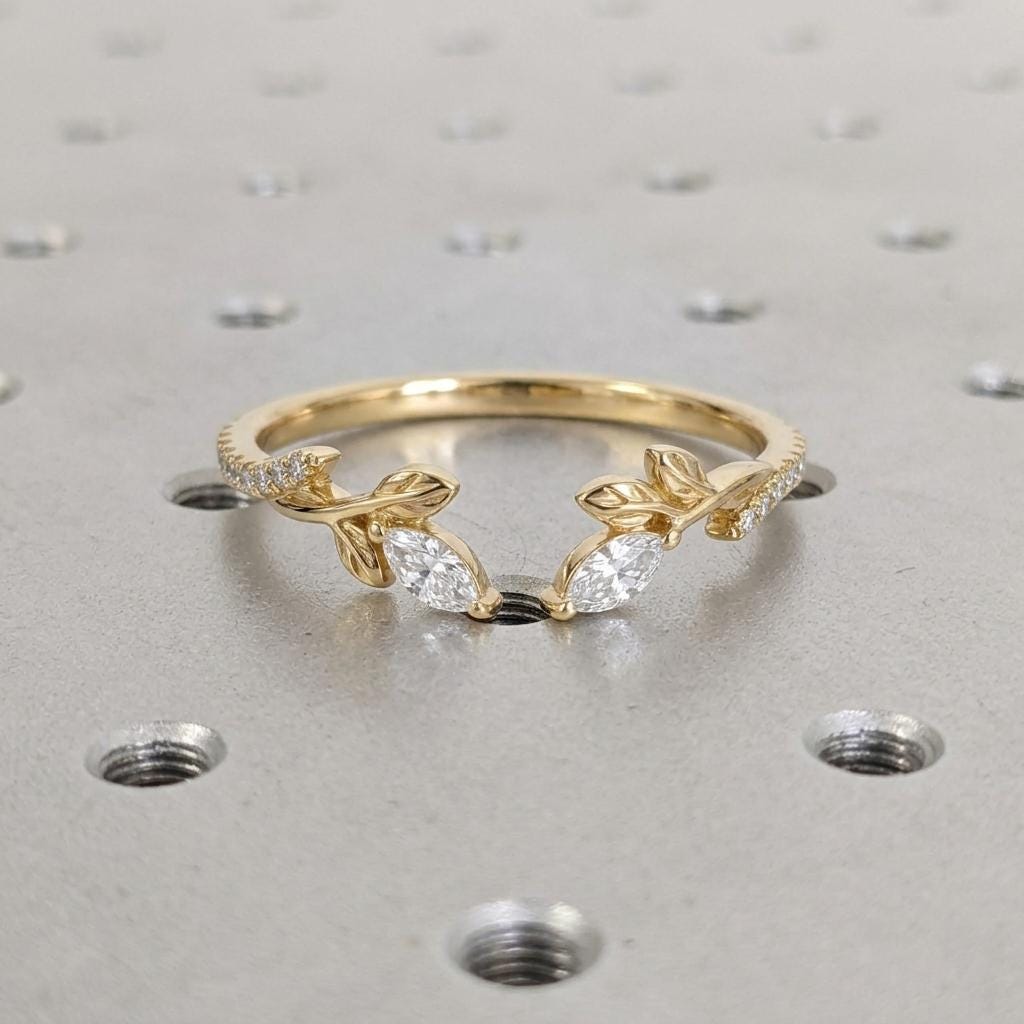 14K/18K Solid Gold Diamond Olive Leaf Open Ring | Half Eternity Wedding Ring for Women | Thin Wedding Band Stacking Ring image #4