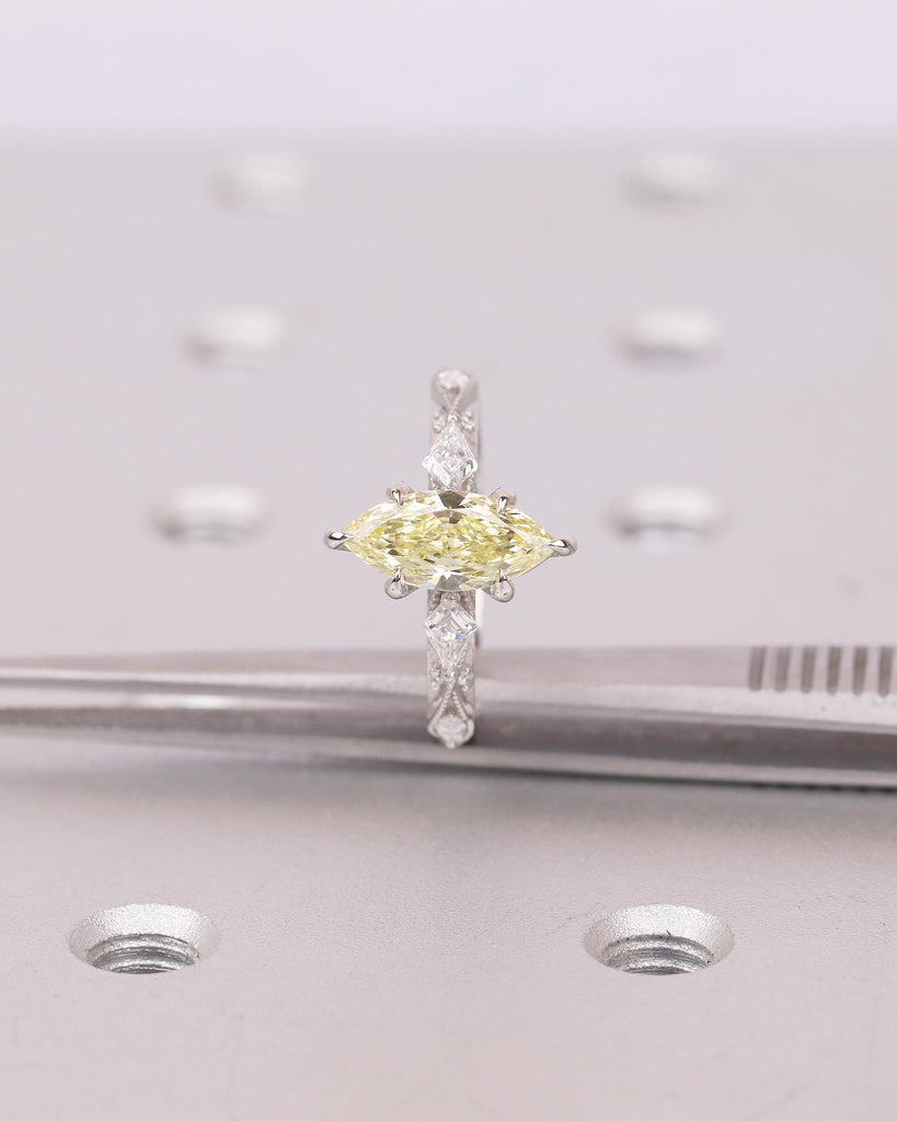 1ct Canary Yellow Lab Made Diamond Marquise Ring, Platinum Engagement Ring, Victorian Wedding Jewelry, Personalized Handmade Milgrain Rings image #19