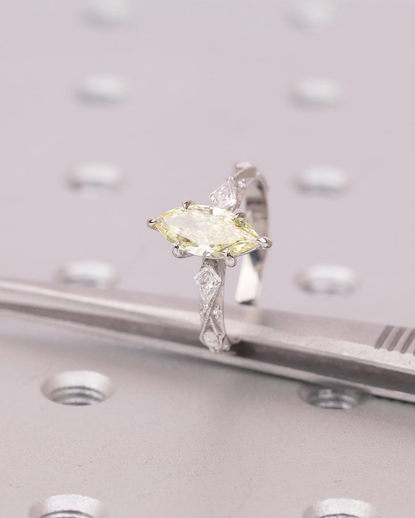 1ct Canary Yellow Lab Made Diamond Marquise Ring, Platinum Engagement Ring, Victorian Wedding Jewelry, Personalized Handmade Milgrain Rings image #15