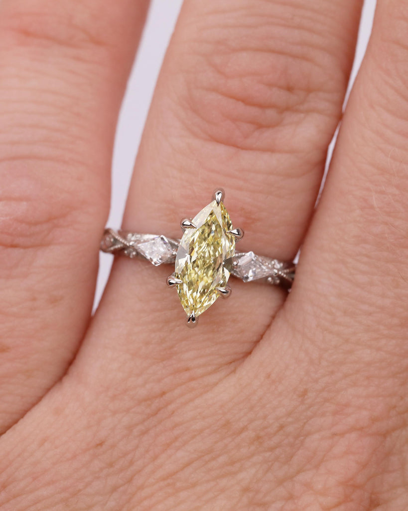 1 Carat Fancy Yellow Lab Grown Diamond Ring, Platinum Marquise Engagement Ring, Vintage Jewelry image #18