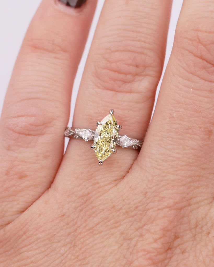 1 Carat Fancy Yellow Lab Grown Diamond Ring, Platinum Marquise Engagement Ring, Vintage Jewelry image #11