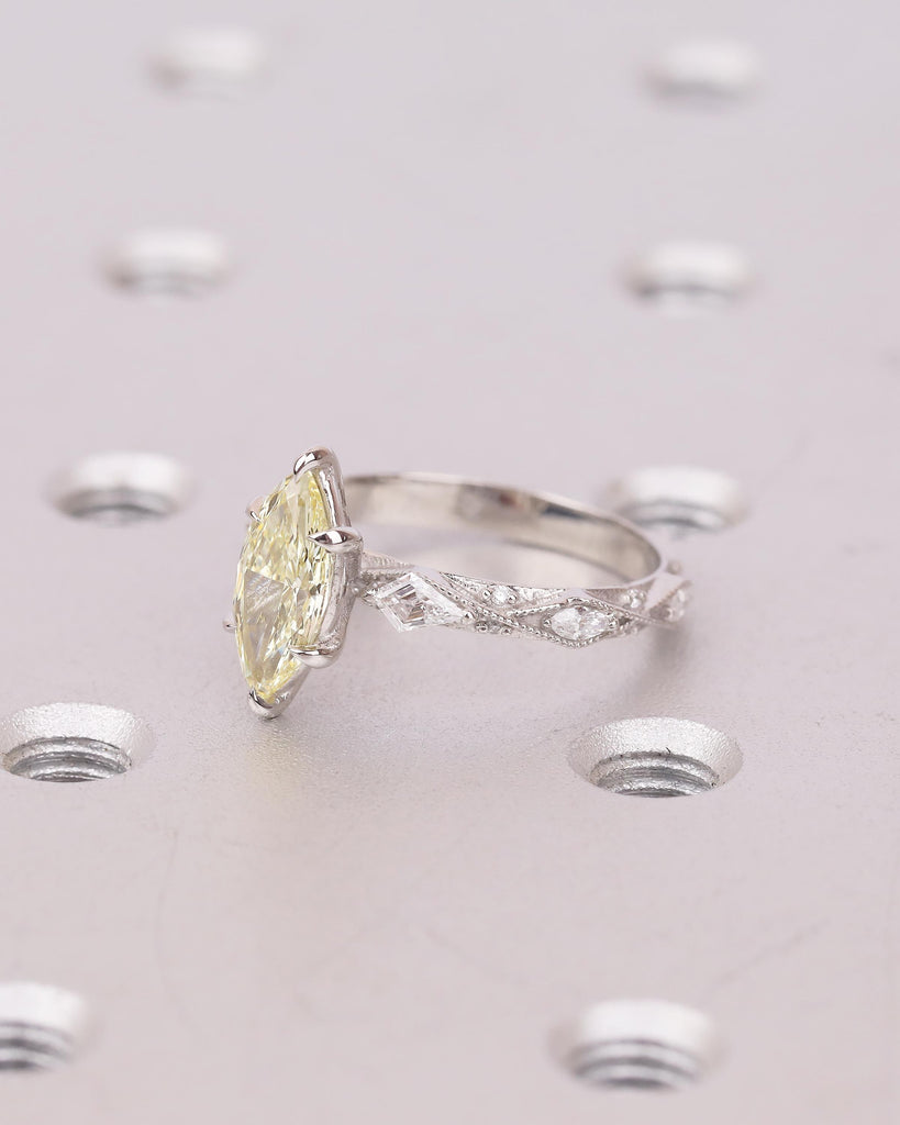 1ct Canary Yellow Lab Made Diamond Marquise Ring, Platinum Engagement Ring, Victorian Wedding Jewelry, Personalized Handmade Milgrain Rings image #2