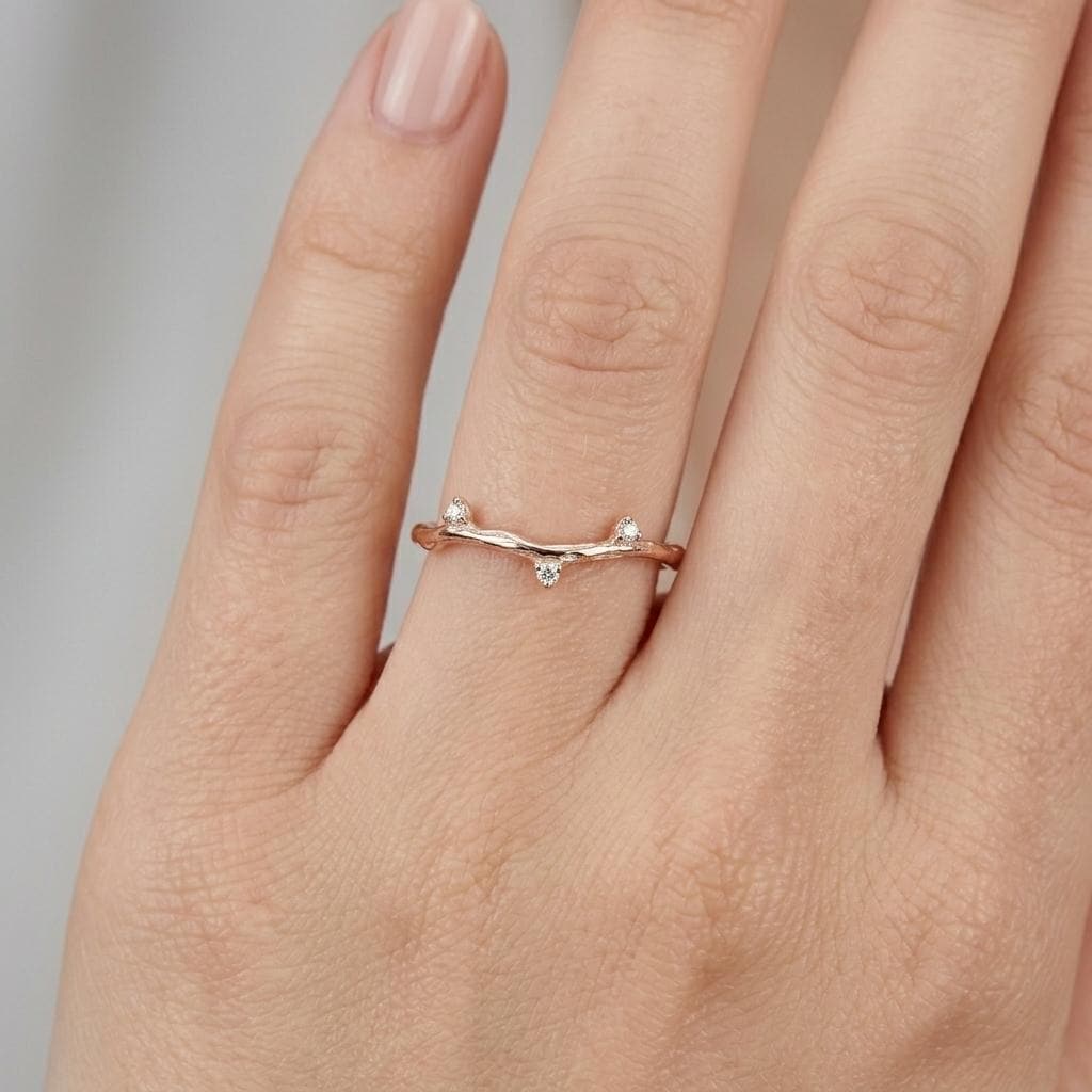 Tiny Moissanite Stackable Wedding Band | Handmade Twig Gold Rings for Women | Personalized Gift Vintage Jewelry image #1