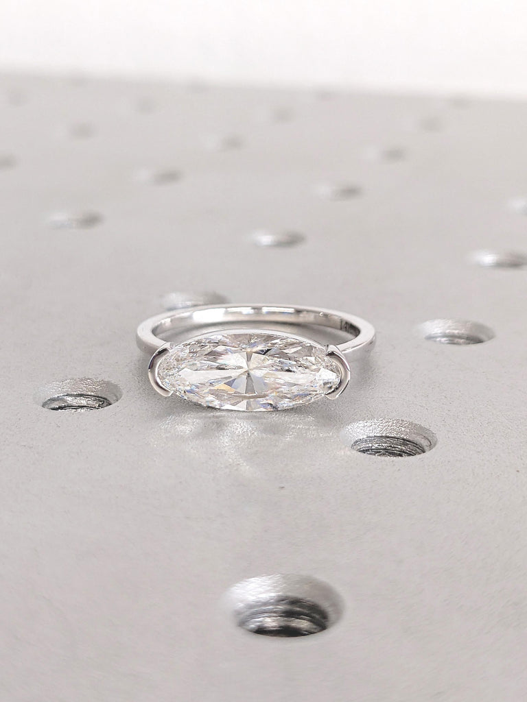 Moval cut 2ct Moissanite Half Bezel Gold Rings for Women | East West Solitaire Engagement Ring | Unique Anniversary Gift image #1