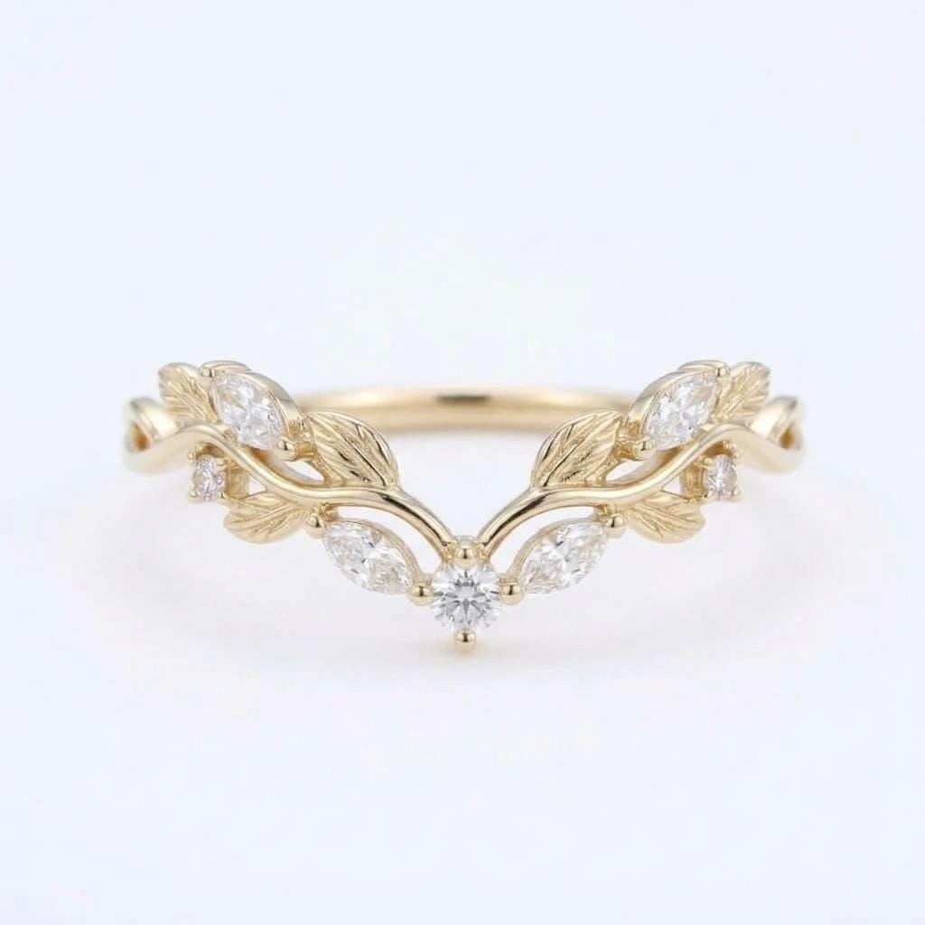 Vintage 14K Yellow Gold Leaf Ring: Marquise Moissanite, Diamond Curved Bridal Band image #2