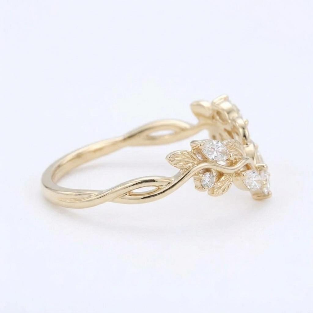 Marquise Cut Moissanite Nature Inspired Leaf Bridal Diamond Ring Curved Wedding Band Vintage 14K Yellow Gold Stacking Wedding Ring For Women image #4