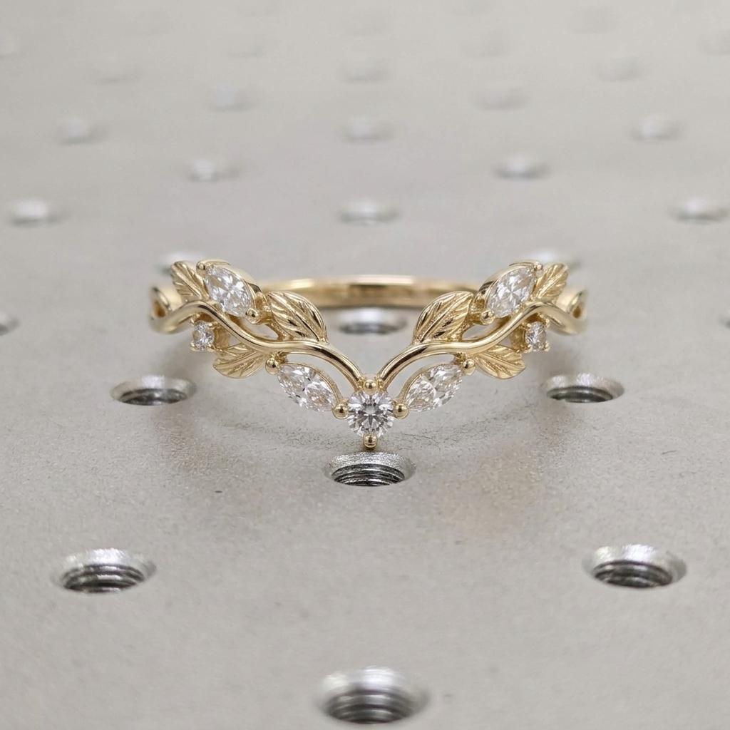 Marquise Cut Moissanite Nature Inspired Leaf Bridal Diamond Ring Curved Wedding Band Vintage 14K Yellow Gold Stacking Wedding Ring For Women image #3