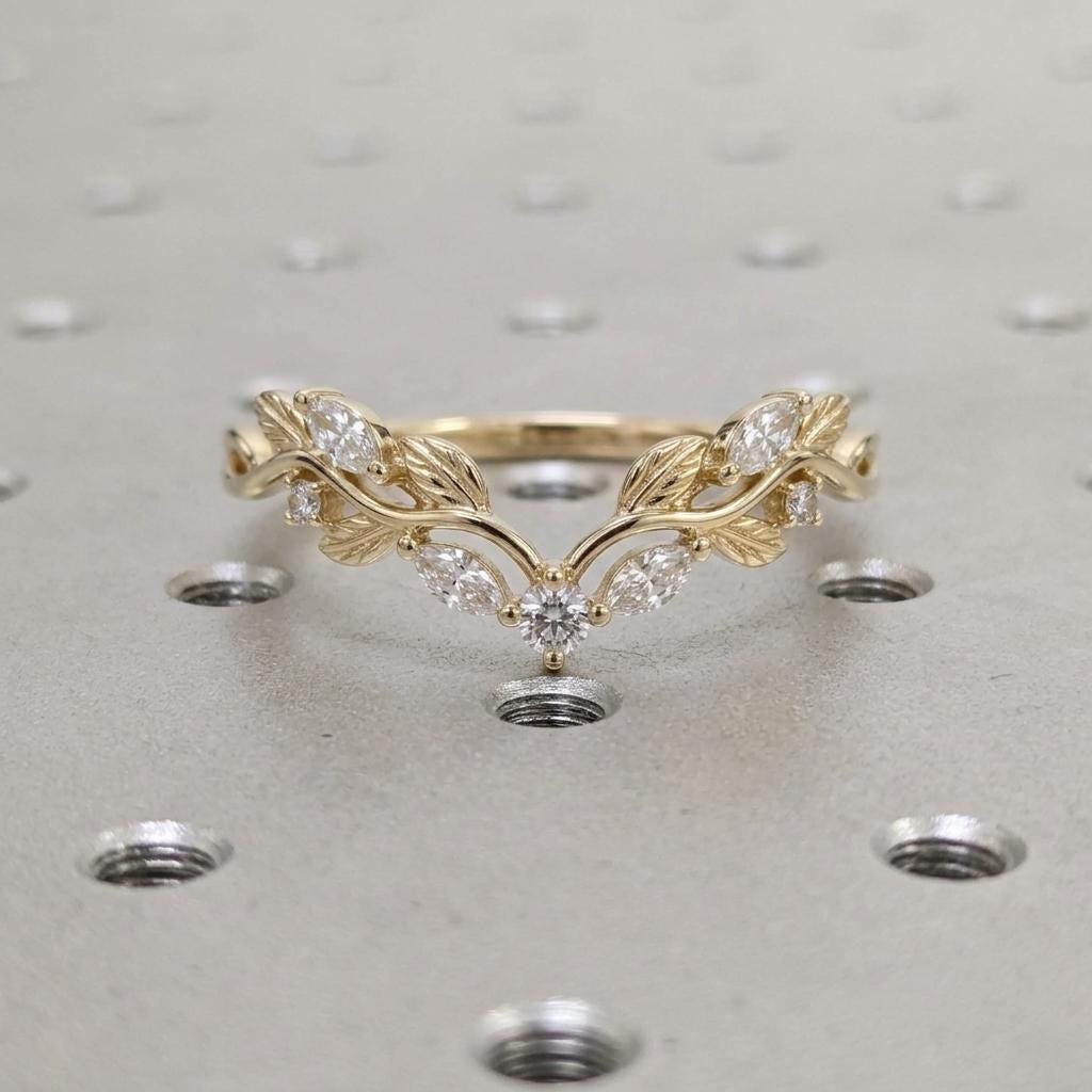 Vintage 14K Yellow Gold Leaf Ring: Marquise Moissanite, Diamond Curved Bridal Band image #3