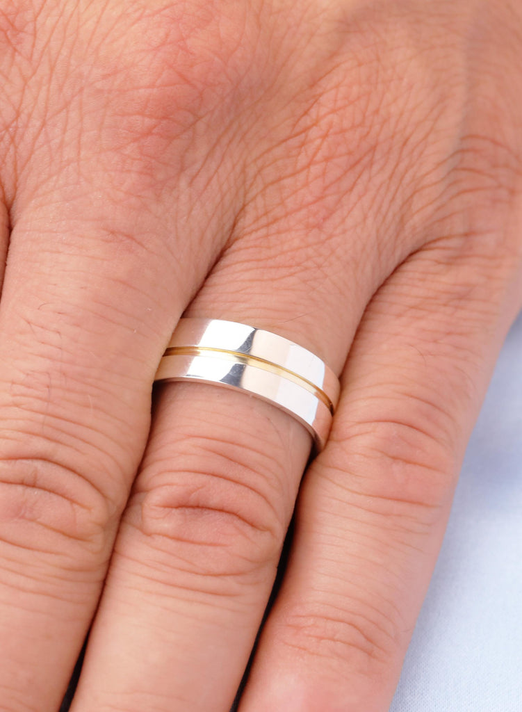 Sterling Silver Wedding Band with Gold Inlay: Modern 8mm Ring image #1