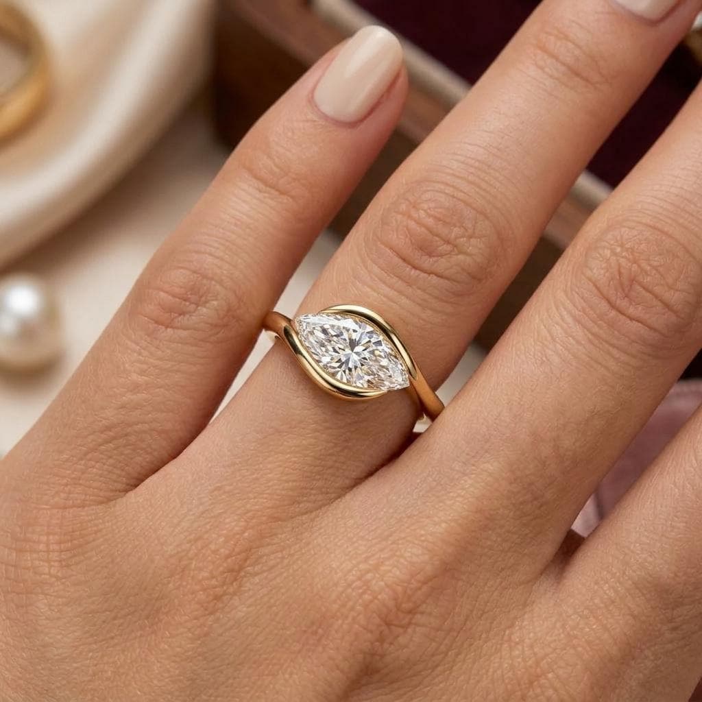 East West Marquise Cut Lab Diamond Engagement Ring, Bypass 14k Solid Gold Ring image #1