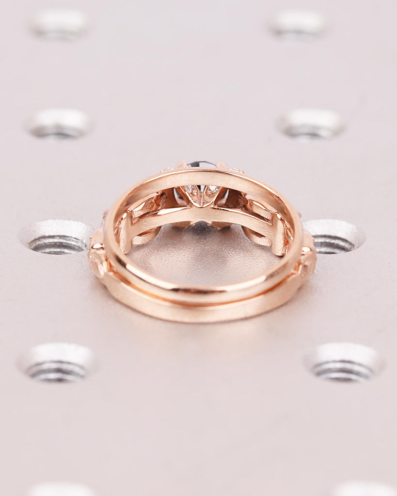 Unique Engagement Ring Set: 14K Rose Gold, Art Deco Round Black Diamond Ring, 1.8mm Wedding Band, Floral Promise Ring for Women image #9