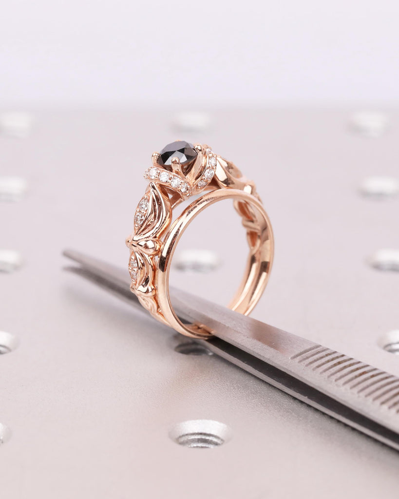 Unique Engagement Ring Set: 14K Rose Gold, Art Deco Round Black Diamond Ring, 1.8mm Wedding Band, Floral Promise Ring for Women image #14