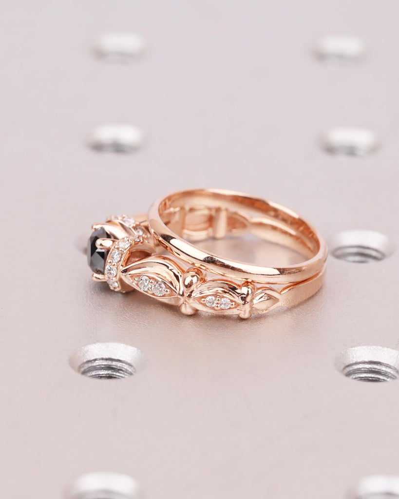 Unique Engagement Ring Set: 14K Rose Gold, Art Deco Round Black Diamond Ring, 1.8mm Wedding Band, Floral Promise Ring for Women image #7