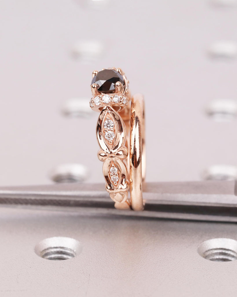 Unique Engagement Ring Set: 14K Rose Gold, Art Deco Round Black Diamond Ring, 1.8mm Wedding Band, Floral Promise Ring for Women image #12