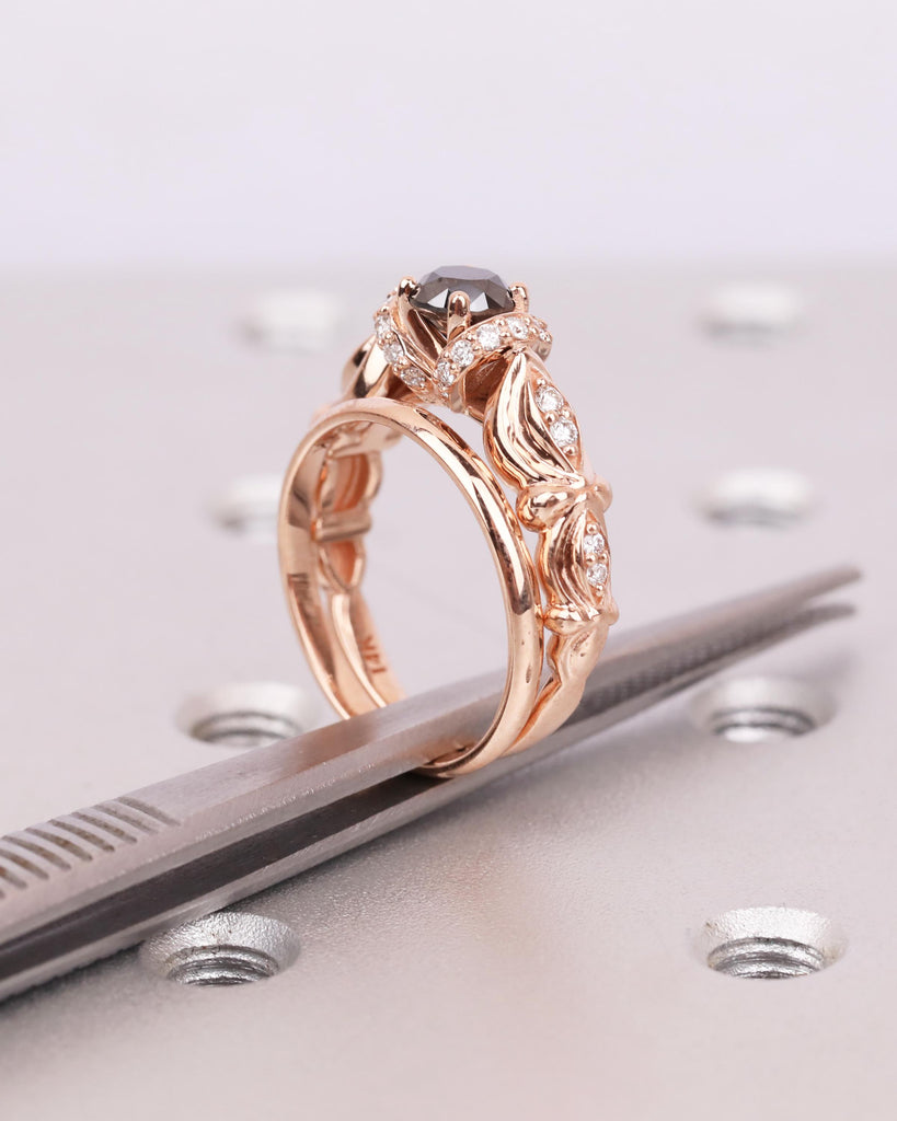 Unique Engagement Ring Set: 14K Rose Gold, Art Deco Round Black Diamond Ring, 1.8mm Wedding Band, Floral Promise Ring for Women image #13