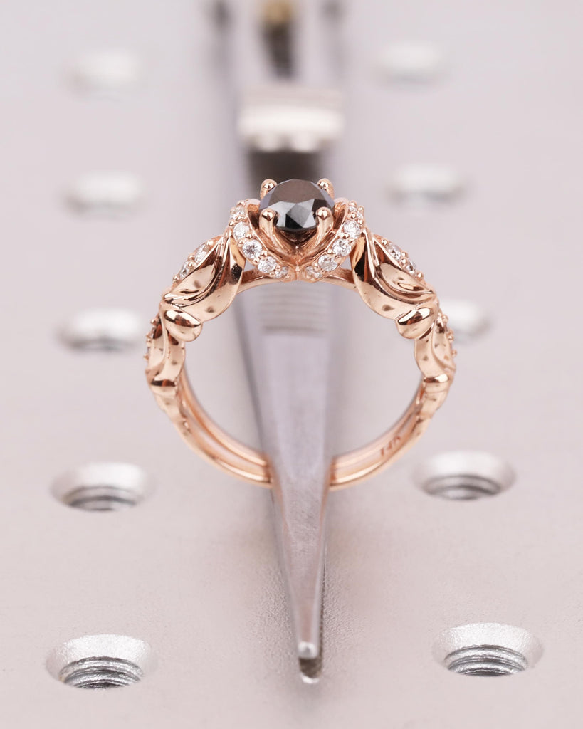 Unique Engagement Ring Set: 14K Rose Gold, Art Deco Round Black Diamond Ring, 1.8mm Wedding Band, Floral Promise Ring for Women image #4