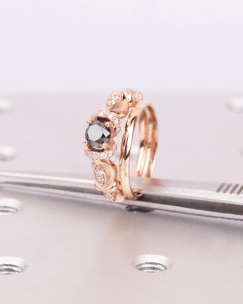 Unique Engagement Ring Set: 14K Rose Gold, Art Deco Round Black Diamond Ring, 1.8mm Wedding Band, Floral Promise Ring for Women image #1