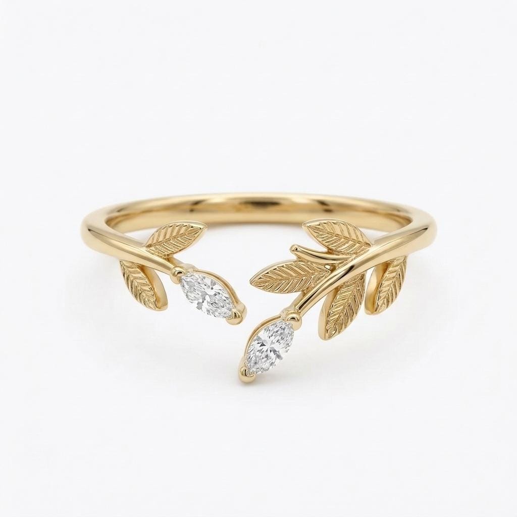 14k/18k Gold Marquise cut Lab Diamond Promise Ring | Dainty Olive Leaf Elven Ring | Unique Women Jewelry Birthday Anniversary Gift for Her image #2
