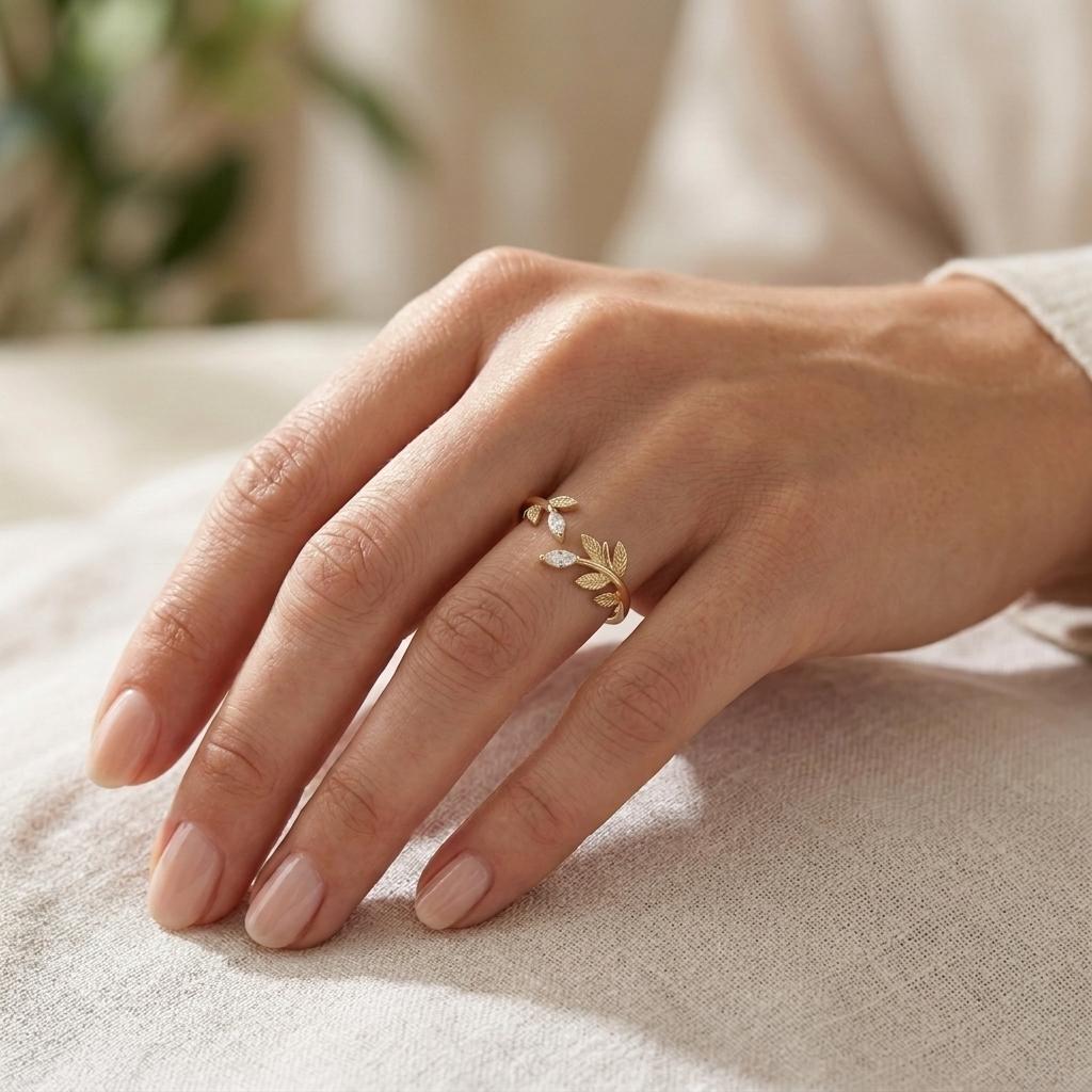 Vintage Olive Leaf Moissanite Wedding Band for Women | Solid Gold Floral Stacking Ring | Custom Bridal Jewelry image #2